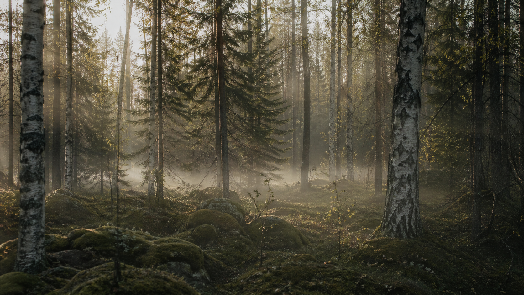 Svensk skog i morgondimma